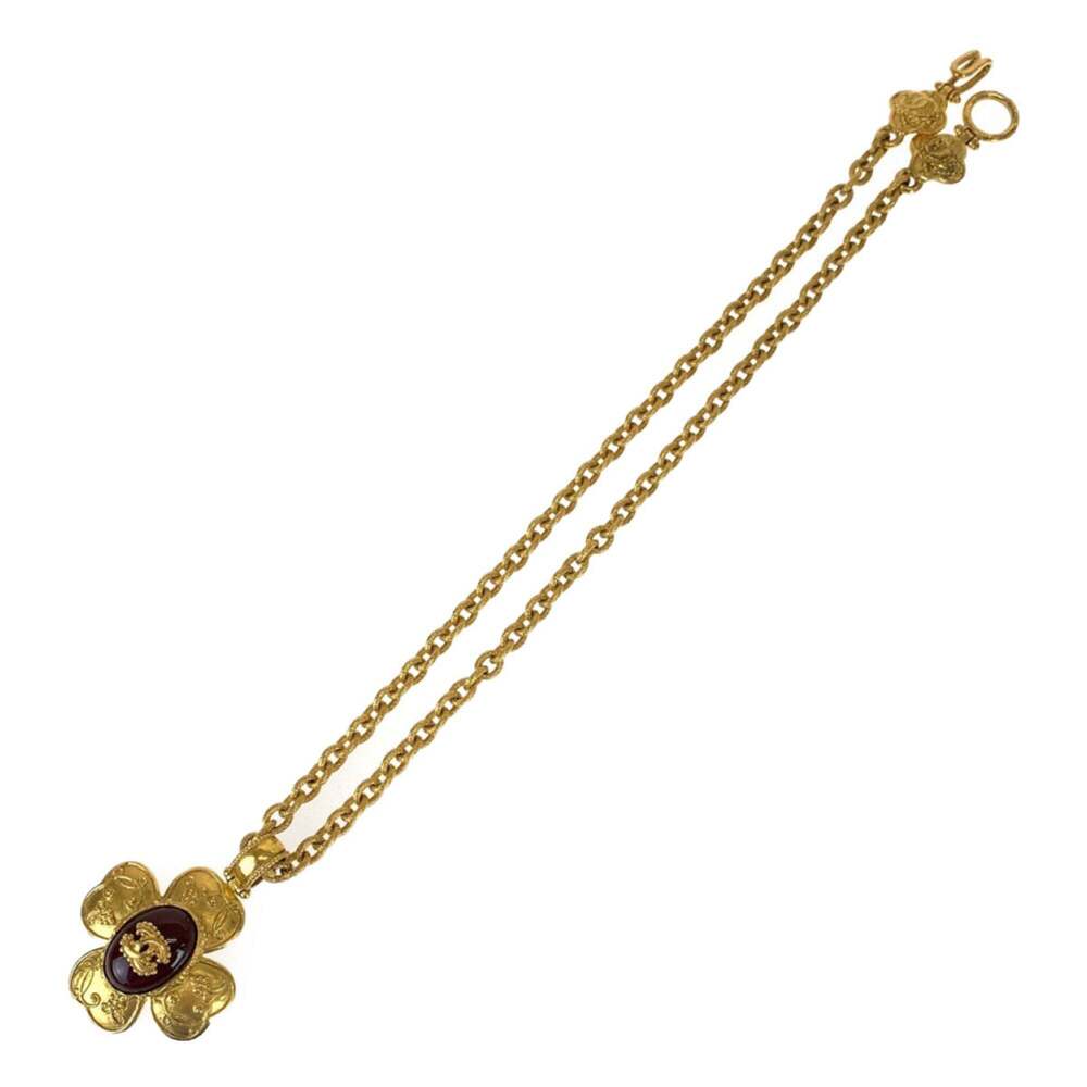 CHANEL Vintage Gripoix Coco Mark Stone Flower Gold Wine Red Plated Necklace P... - Picture 5 of 8